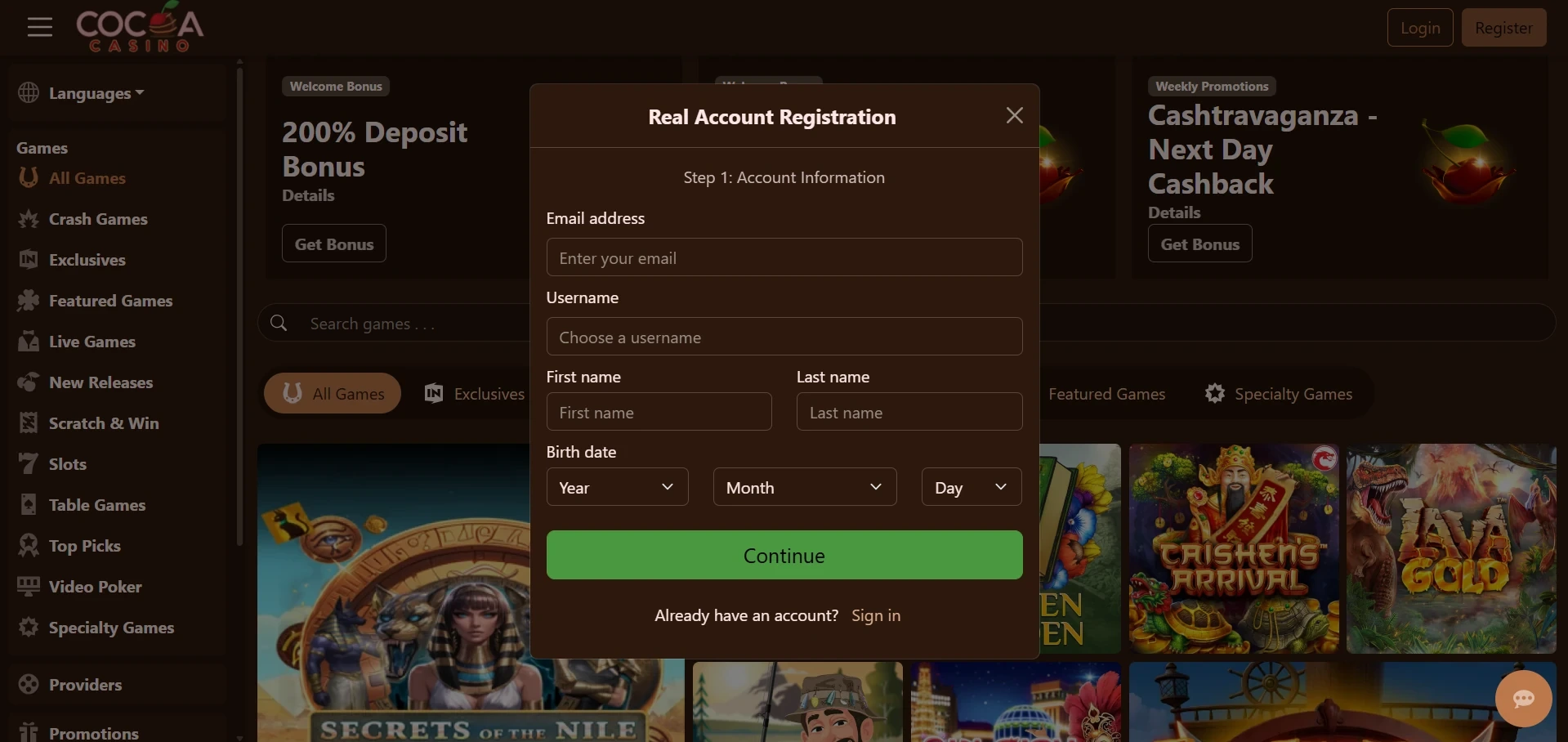 Cocoa Casino sign up